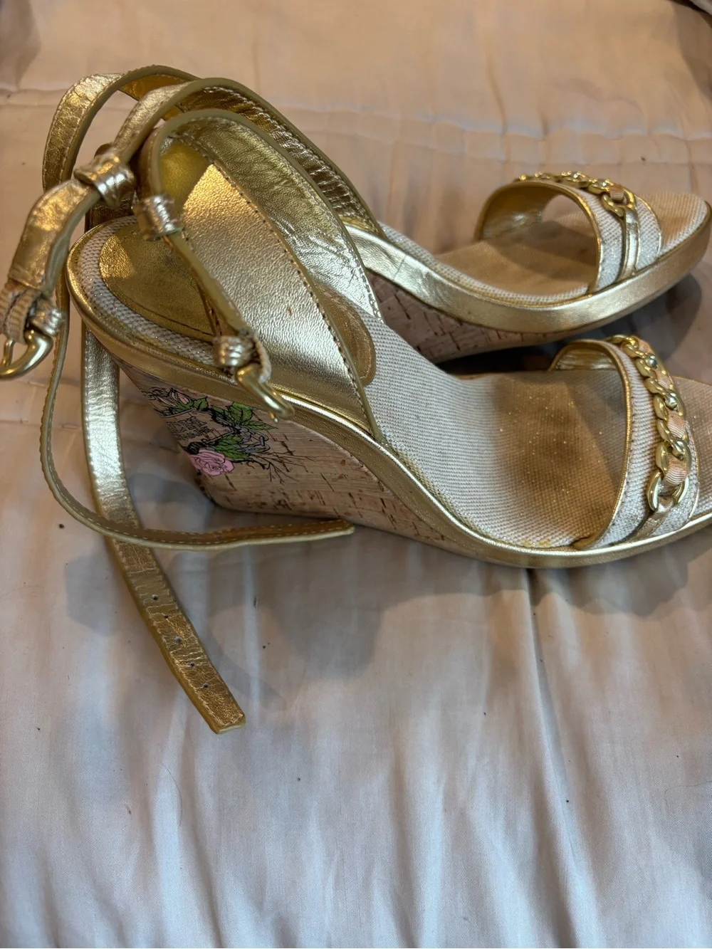 Coach Vintage Metallic Gold Chain-Trim Cork Wedges